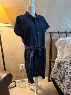 J. Crew Factory Dark Blue Denim Shirt Dress with Tie Waist